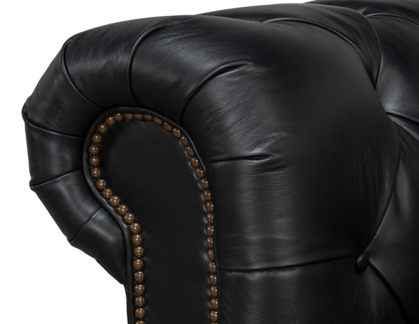 Sarreid Castered Chesterfield Sofa In Onyx Black Leather With Stylish Wood Legs And Convenient Casters Black  54080