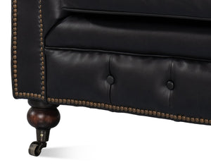 Sarreid Castered Chesterfield Sofa In Onyx Black Leather With Stylish Wood Legs And Convenient Casters Black  54080