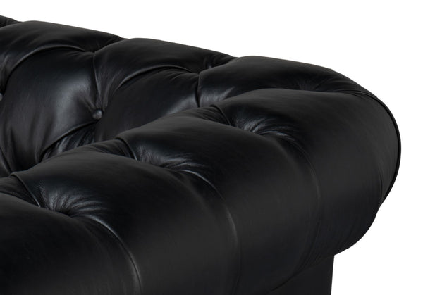 Sarreid Castered Chesterfield Sofa In Onyx Black Leather With Stylish Wood Legs And Convenient Casters Black  54080
