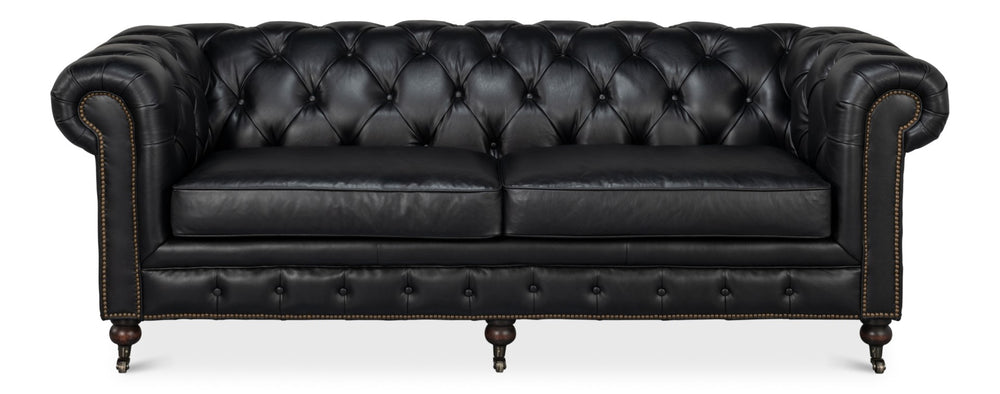 Sarreid Castered Chesterfield Sofa In Onyx Black Leather With Stylish Wood Legs And Convenient Casters Black  54080