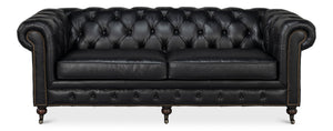 Sarreid Castered Chesterfield Sofa In Onyx Black Leather With Stylish Wood Legs And Convenient Casters Black  54080