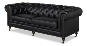 Sarreid Castered Chesterfield Sofa In Onyx Black Leather With Stylish Wood Legs And Convenient Casters Black  54080