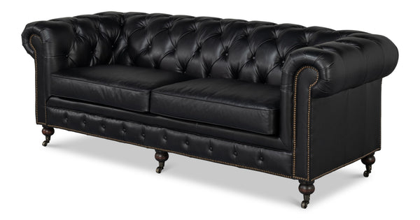 Sarreid Castered Chesterfield Sofa In Onyx Black Leather With Stylish Wood Legs And Convenient Casters Black  54080