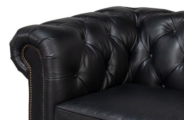 Sarreid Castered Chesterfield Sofa In Onyx Black Leather With Stylish Wood Legs And Convenient Casters Black  54080