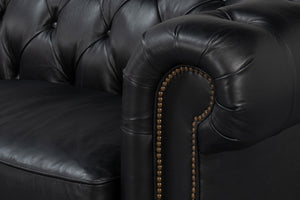 Sarreid Castered Chesterfield Sofa In Onyx Black Leather With Stylish Wood Legs And Convenient Casters Black  54080