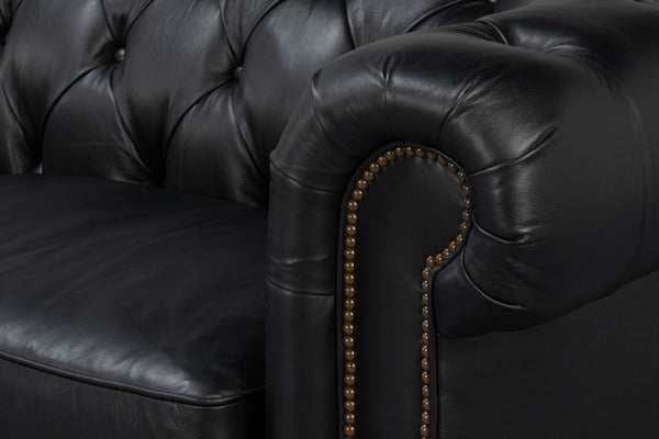 Sarreid Castered Chesterfield Sofa In Onyx Black Leather With Stylish Wood Legs And Convenient Casters Black  54080