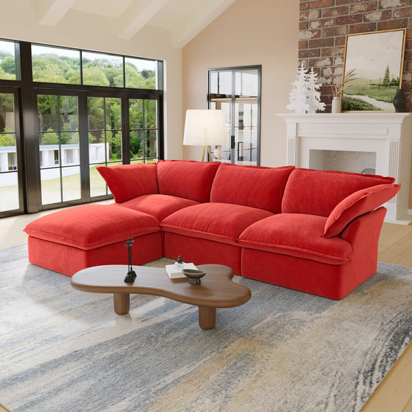 English Elm Sky Cloud Sectional Sofa with Cloud-Like Comfort, Modular L-Shaped Velvet Seating, Removable Covers, Storage Ottoman Red B341S00019