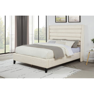 English Elm Upholstered Queen Platform Bed with Rolled Channel Tufted Headboard, Beige Polyester, No Box Spring Needed B011S01963
