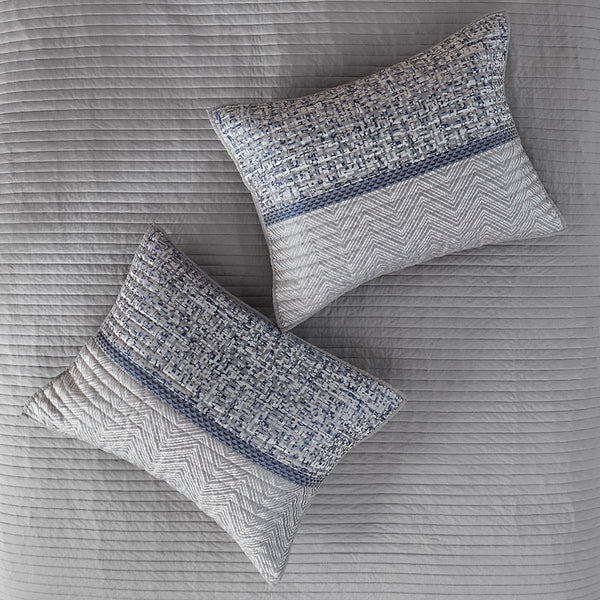 English Elm 6 Piece Reversible Jacquard Quilt Set Navy Grey Striped Chic King/Cal King with 3 Embroidered Pillows B03597590