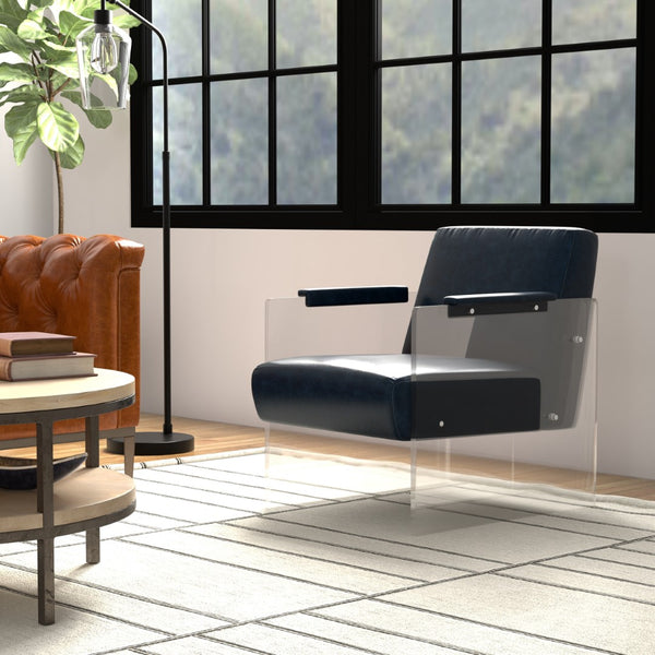 Sarreid Holloway Armchair In Chateau Blue Leather - Elegant Acrylic Design For Stylish Living Spaces Blue  54084