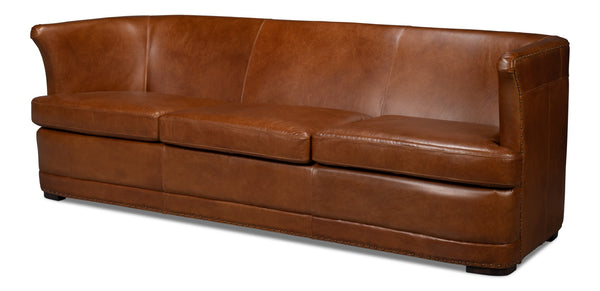 Sarreid Mcmillan Distilled Leather Sofa In Rich Havana Brown With Antique Brass Nail Head Accents Brown  54087