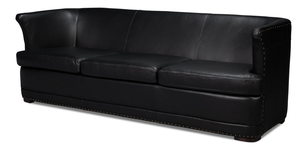Sarreid Mcmillan Distilled Leather Sofa In Onyx Black With Antique Brass Nail Head - Luxurious Comfort! Black  54088