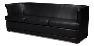 Sarreid Mcmillan Distilled Leather Sofa In Onyx Black With Antique Brass Nail Head - Luxurious Comfort! Black  54088