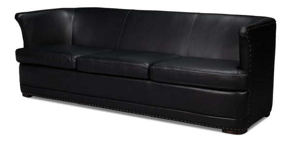 Sarreid Mcmillan Distilled Leather Sofa In Onyx Black With Antique Brass Nail Head - Luxurious Comfort! Black  54088