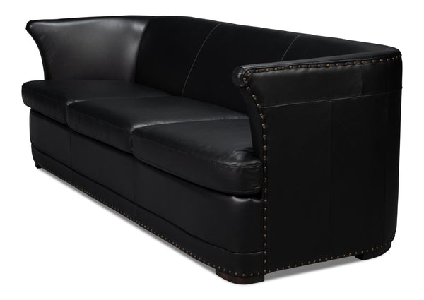 Sarreid Mcmillan Distilled Leather Sofa In Onyx Black With Antique Brass Nail Head - Luxurious Comfort! Black  54088