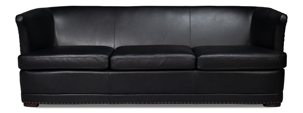 Sarreid Mcmillan Distilled Leather Sofa In Onyx Black With Antique Brass Nail Head - Luxurious Comfort! Black  54088