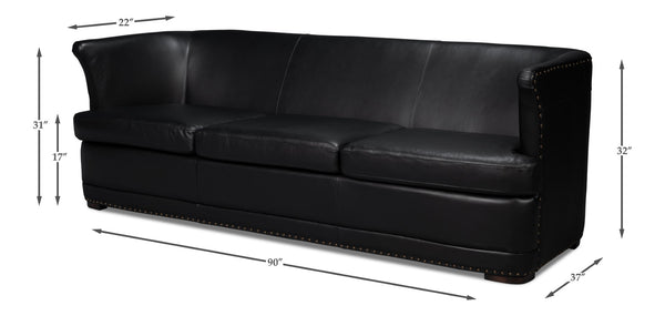 Sarreid Mcmillan Distilled Leather Sofa In Onyx Black With Antique Brass Nail Head - Luxurious Comfort! Black  54088