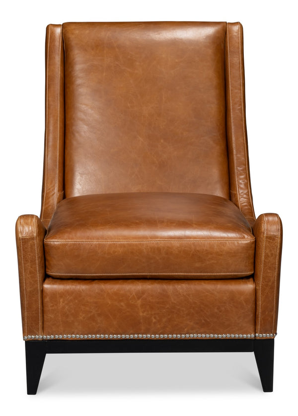 Sarreid Brandy Accent Chair - Stylish Cuba Brown Leather With Elegant Wood Frame For Modern Interiors Brown  54089