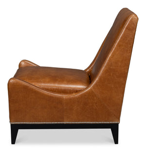 Sarreid Brandy Accent Chair - Stylish Cuba Brown Leather With Elegant Wood Frame For Modern Interiors Brown  54089