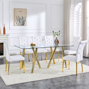 English Elm 71-inch Tempered Glass Dining Table Electroplated Metal Base Open Airy Modern Style Gold W3875S00006