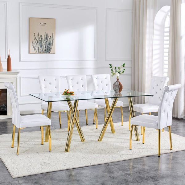 English Elm 71-inch Tempered Glass Dining Table Electroplated Metal Base Open Airy Modern Style Gold W3875S00006