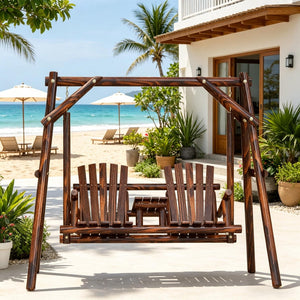 English Elm Wooden Fir Log A-frame Porch Swing Freestanding 2 Seat with Built-in Center Table T3971S00230