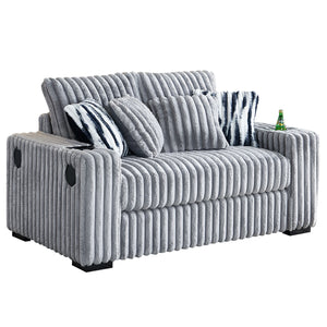 English Elm 61.42Inch Square Arm Loveseat With Ottoman Upholstered Velvet, Bluetooth Speaker, Wireless Charger, USB Ports, Cup Holder, Cozy Channeling Design LIGHT GREY W579S00020