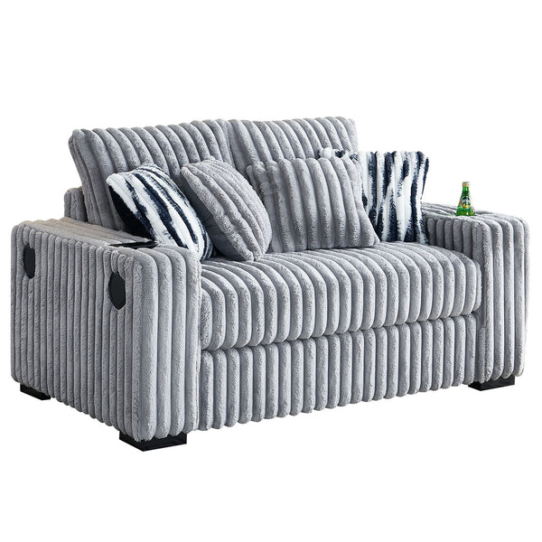 English Elm 61.42Inch Square Arm Loveseat With Ottoman Upholstered Velvet, Bluetooth Speaker, Wireless Charger, USB Ports, Cup Holder, Cozy Channeling Design LIGHT GREY W579S00020