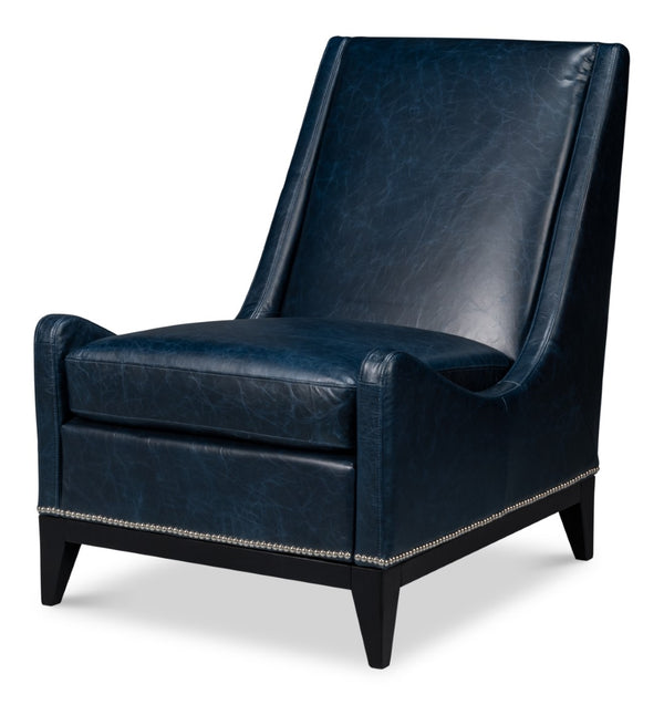 Sarreid Brandy Accent Chair - Luxurious Chateau Blue Leather With Elegant Wood Frame For Stylish Living Spaces Blue  54090