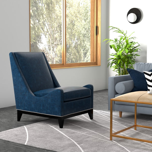 Sarreid Brandy Accent Chair - Luxurious Chateau Blue Leather With Elegant Wood Frame For Stylish Living Spaces Blue  54090