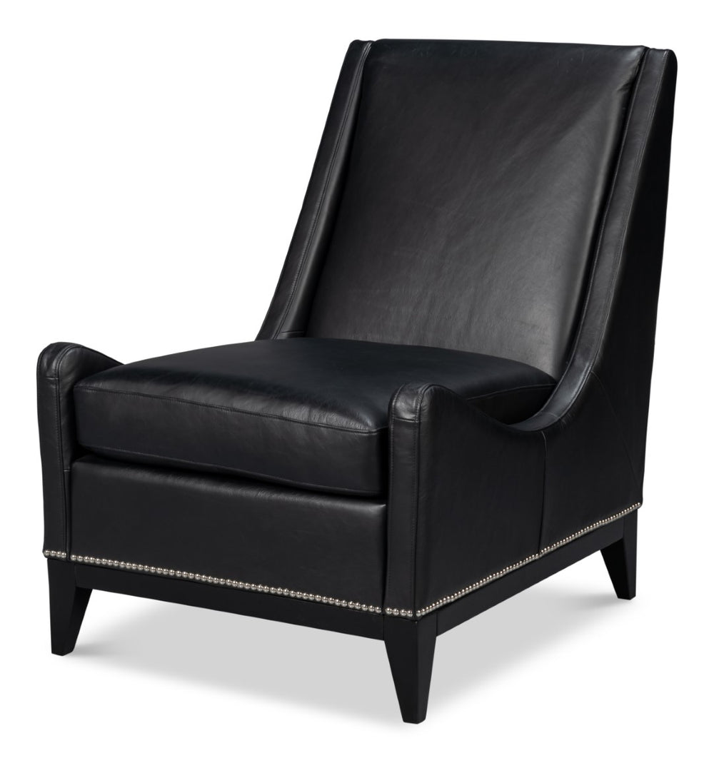 Sarreid Brandy Accent Chair - Luxurious Onyx Black Leather With Stylish Wood Accents For Modern Decor Black  54091