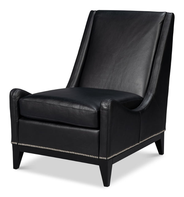Sarreid Brandy Accent Chair - Luxurious Onyx Black Leather With Stylish Wood Accents For Modern Decor Black  54091
