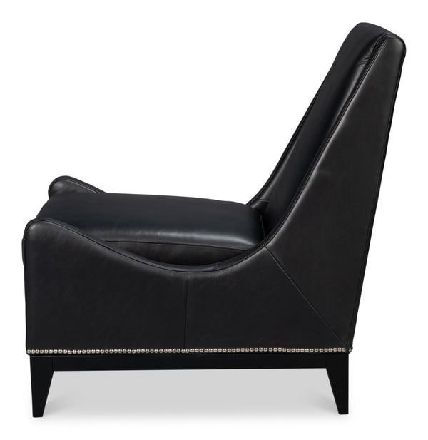 Sarreid Brandy Accent Chair - Luxurious Onyx Black Leather With Stylish Wood Accents For Modern Decor Black  54091