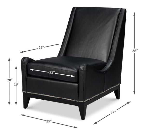 Sarreid Brandy Accent Chair - Luxurious Onyx Black Leather With Stylish Wood Accents For Modern Decor Black  54091