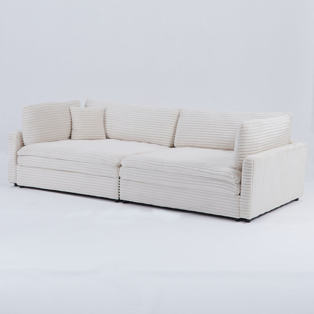 English Elm The 112-inch Corduroy Sofa in Beige with Two Pillows, Solid Wood Frame, S-Spring Comfort for 4-seat Living Room W3371S00006