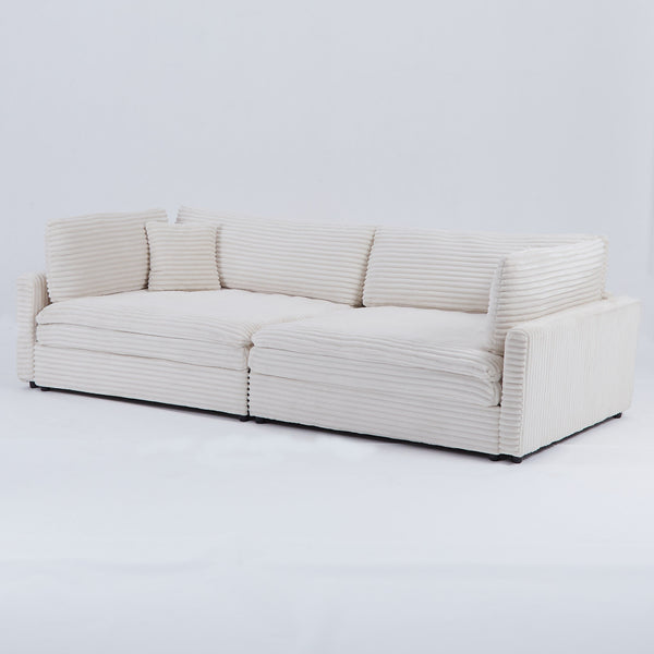 English Elm The 112-inch Corduroy Sofa in Beige with Two Pillows, Solid Wood Frame, S-Spring Comfort for 4-seat Living Room W3371S00006