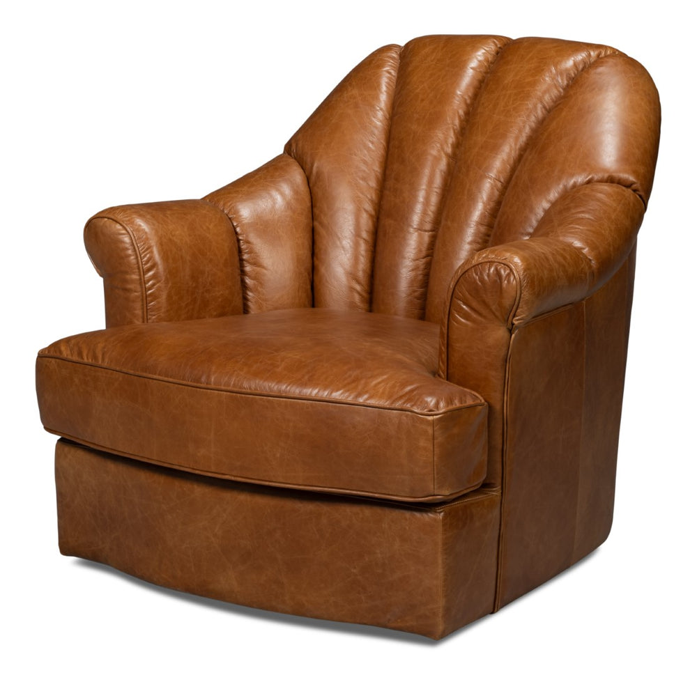 Sarreid Scoth Swivel Chair - Luxurious Cuba Brown Leather With Stylish Wood Base For Ultimate Comfort Brown  54092