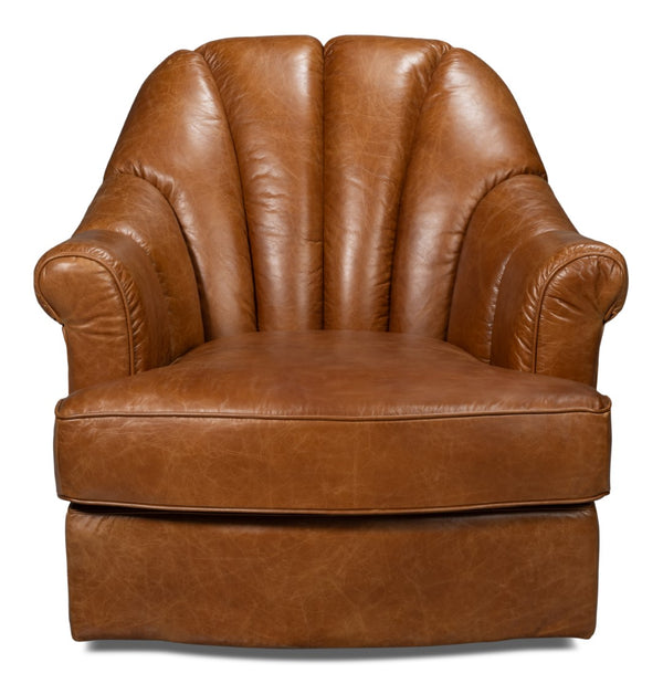 Sarreid Scoth Swivel Chair - Luxurious Cuba Brown Leather With Stylish Wood Base For Ultimate Comfort Brown  54092