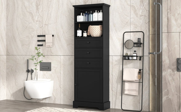 English Elm Black Tall Storage Cabinet with 3 Drawers, Adjustable Shelves, Anti-Tip, MDF Painted Finish for Office Bath WF323347AAB