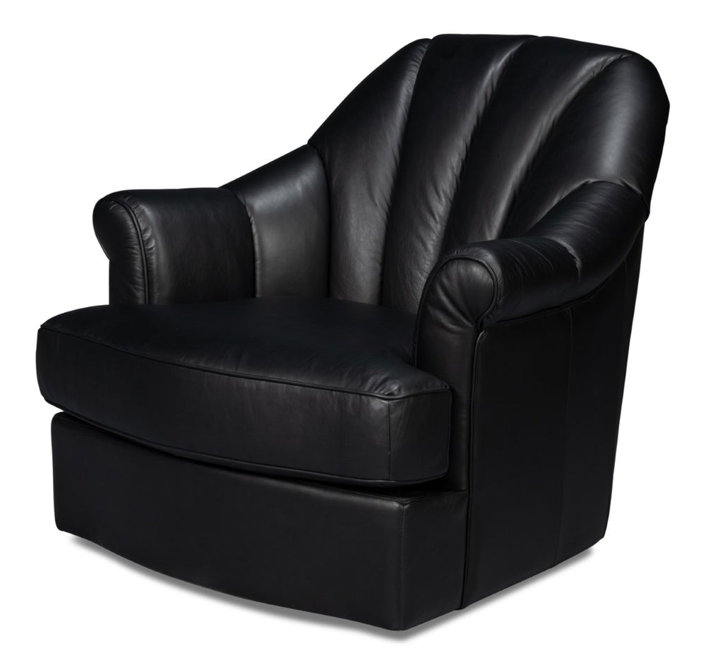 Sarreid Scoth Swivel Chair - Luxurious Onyx Black Leather With Stylish Wood Base For Ultimate Comfort Black  54094