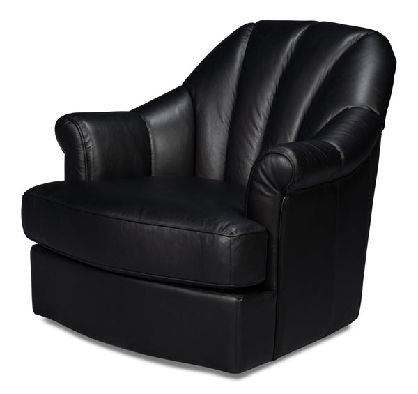 Sarreid Scoth Swivel Chair - Luxurious Onyx Black Leather With Stylish Wood Base For Ultimate Comfort Black  54094