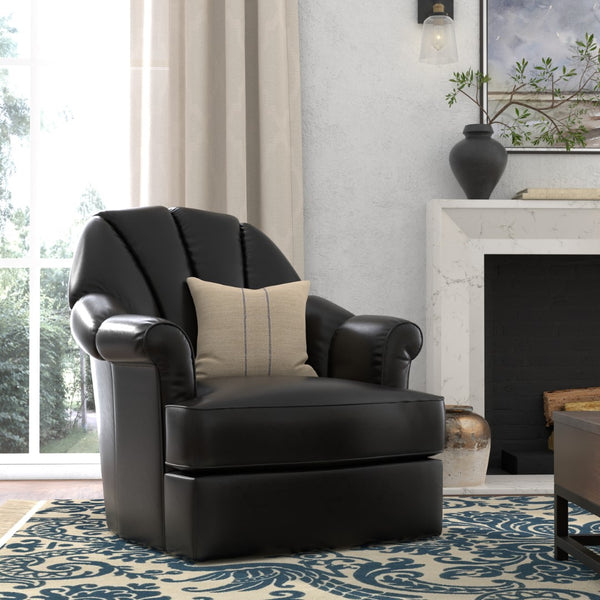 Sarreid Scoth Swivel Chair - Luxurious Onyx Black Leather With Stylish Wood Base For Ultimate Comfort Black  54094
