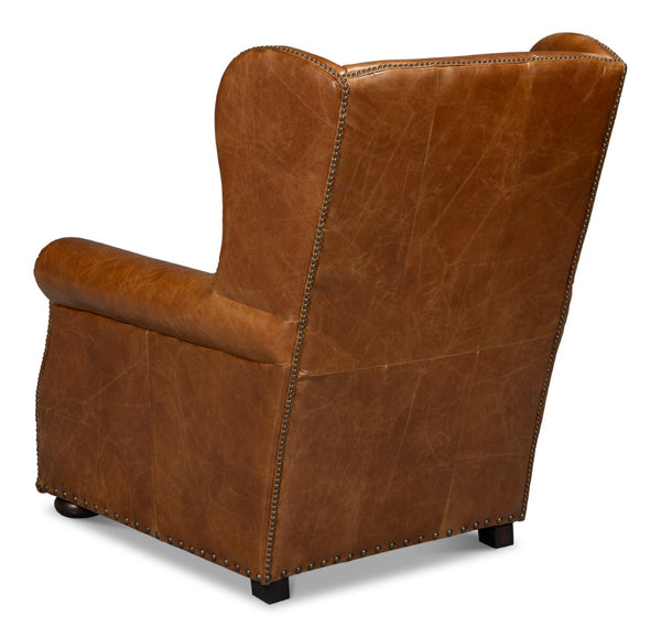 Sarreid London Dry Accent Chair In Cuba Brown Leather With Elegant Gold Nailhead Trim For Stylish Interiors Brown  54095