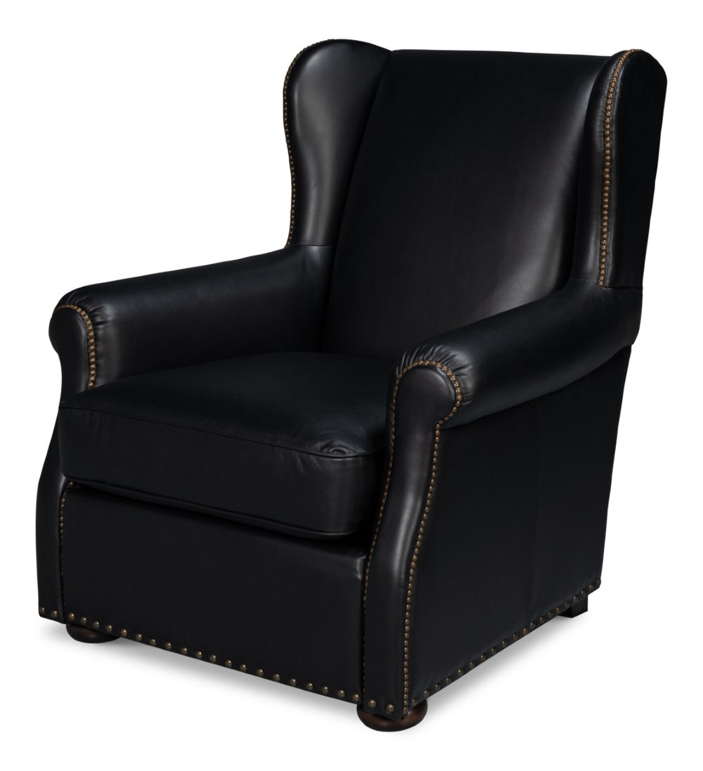 Sarreid London Dry Accent Chair In Onyx Black Leather With Elegant Gold Nailhead Trim For Chic Decor Black  54097
