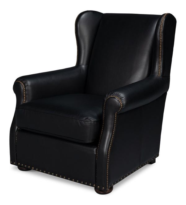 Sarreid London Dry Accent Chair In Onyx Black Leather With Elegant Gold Nailhead Trim For Chic Decor Black  54097