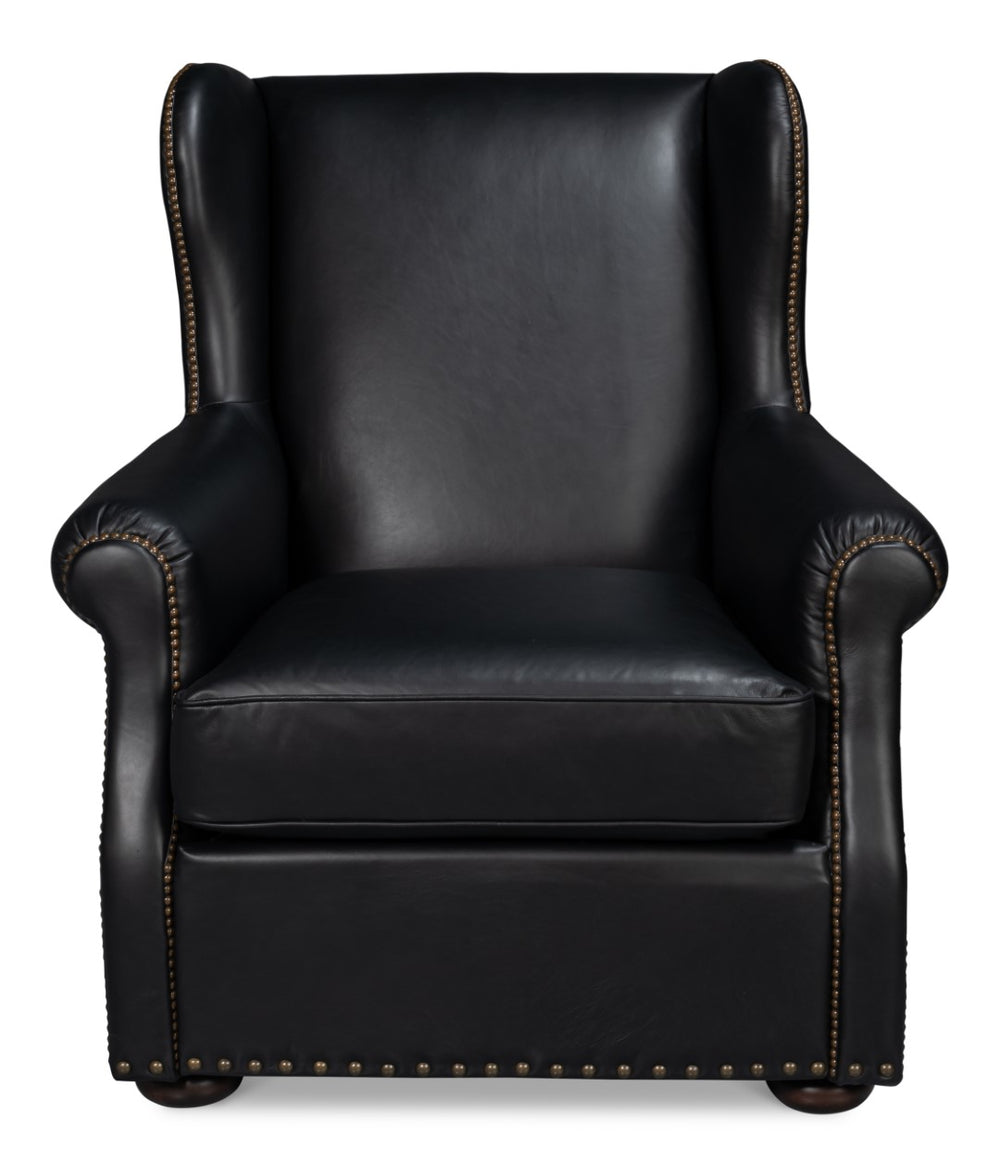 Sarreid London Dry Accent Chair In Onyx Black Leather With Elegant Gold Nailhead Trim For Chic Decor Black  54097
