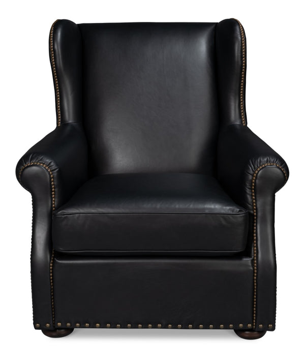 Sarreid London Dry Accent Chair In Onyx Black Leather With Elegant Gold Nailhead Trim For Chic Decor Black  54097