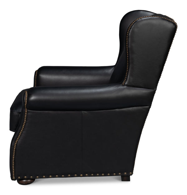 Sarreid London Dry Accent Chair In Onyx Black Leather With Elegant Gold Nailhead Trim For Chic Decor Black  54097