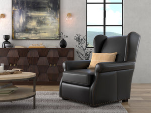 Sarreid London Dry Accent Chair In Onyx Black Leather With Elegant Gold Nailhead Trim For Chic Decor Black  54097