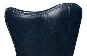 Sarreid Drake Distilled Leather Chair - Elegant Chateau Blue With Antique Brass Nail Heads For Luxury Living Blue  54099